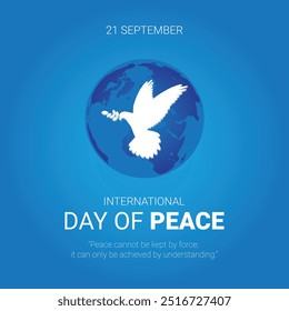 International Peace Day Creative Ads Design. Fliege und Vogelvektor einzeln auf Vorlage für Hintergrund. Peace Poster, Vektor, 3D, Illustration, 21. Sep. Wichtiger Tag, Feiertagskonzept.