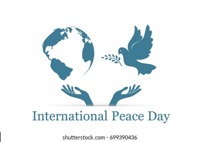 International Peace Day, Dove, Globe And Hands Raised Up, Card, Vector Illustration EPS 10