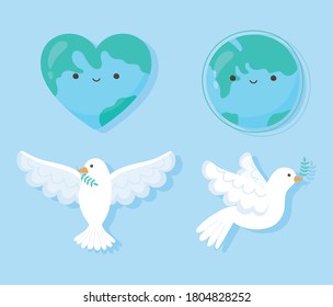 international peace day dove with leaf lgobe shape heart map vector illustration