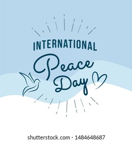 International Peace Day. Peace dove with olive brunch. Love, freedom, faith symbol. 21 September holiday. Peaceful pigeon isolated on sky background. Vector illustration.