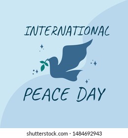 International Peace Day. Peace dove with olive brunch. Love, freedom, faith symbol. 21 September holiday. Peaceful pigeon isolated on sky background. Vector illustration.