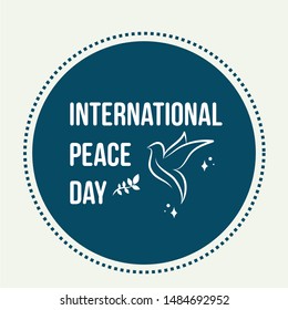 International Peace Day. Peace dove with olive brunch. Love, freedom, faith symbol. 21 September holiday. Peaceful pigeon isolated on sky background. Vector illustration.