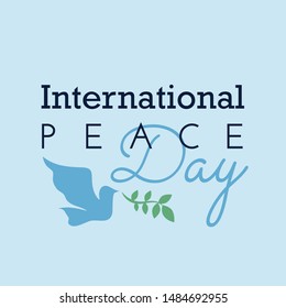 International Peace Day. Peace dove with olive brunch. Love, freedom, faith symbol. 21 September holiday. Peaceful pigeon isolated on sky background. Vector illustration.