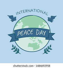 International Peace Day. Peace dove with olive brunch. Love, freedom, faith symbol. 21 September holiday. Peaceful pigeon isolated on sky background. Vector illustration.