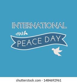 International Peace Day. Peace dove with olive brunch. Love, freedom, faith symbol. 21 September holiday. Peaceful pigeon isolated on sky background. Vector illustration.