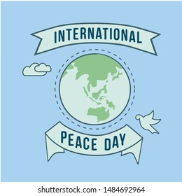 International Peace Day. Peace dove with olive brunch. Love, freedom, faith symbol. 21 September holiday. Peaceful pigeon isolated on sky background. Vector illustration.