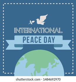 International Peace Day. Peace dove with olive brunch. Love, freedom, faith symbol. 21 September holiday. Peaceful pigeon isolated on sky background. Vector illustration.