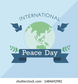 International Peace Day. Peace dove with olive brunch. Love, freedom, faith symbol. 21 September holiday. Peaceful pigeon isolated on sky background. Vector illustration.