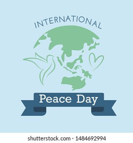 International Peace Day. Peace dove with olive brunch. Love, freedom, faith symbol. 21 September holiday. Peaceful pigeon isolated on sky background. Vector illustration.