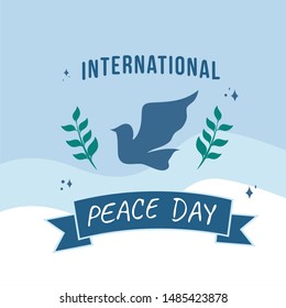 International Peace Day. Peace dove with olive brunch. Love, freedom, faith symbol. 21 September holiday. Peaceful pigeon isolated on sky background. Vector illustration.