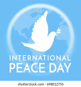 International Peace Day. Peace dove with olive brunch. Love, freedom, faith symbol. Bird's silhouette in the sky. 21 September holiday. Peaceful pigeon isolated on sky background. Vector illustration.