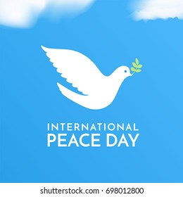 International Peace Day. Peace dove with olive brunch. Love, freedom, faith symbol. Bird's silhouette in the sky. 21 September holiday. Peaceful pigeon isolated on sky background. Vector illustration.