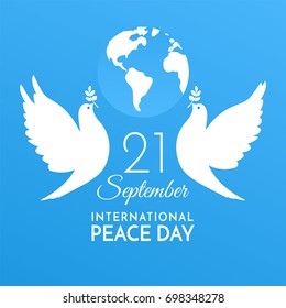 International Peace Day. Peace dove with olive brunch. Love, freedom, faith symbol. Bird's silhouette in the sky. 21 September holiday. Peaceful pigeon isolated on sky background. Vector illustration.