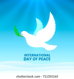 International Peace Day, Dove with olive branch. Poster cover. Vector illustration