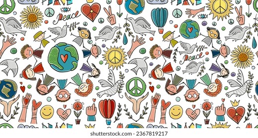 International peace day. Doves. People Holding Hands together. Seamless pattern for your design