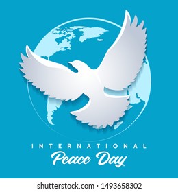 International Peace Day emblem. Dove of Peace against globe silhouette. Vector illustration