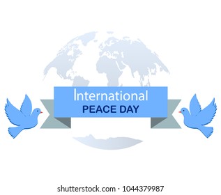 International Peace Day Emblem with Globe Map in Dove Blue Color & Two Pigeons. Modern Flat Design