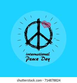 International Peace Day emblem vector illustration with hippie symbol on light blue background. Tiny pink heart finishes composition