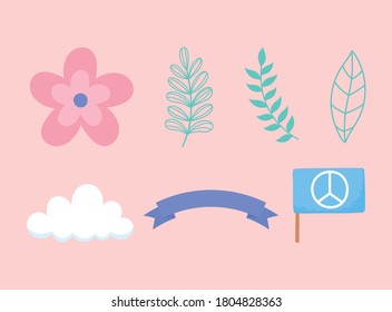 international peace day flag flower leaves ribbon icons vector illustration