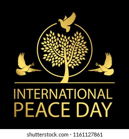 International peace day gold on black emblem, vector illustration