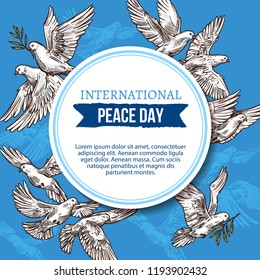 International peace day greeting card of sketch doves with olive branch in beak flaying in blue sky. Vector design for UN holiday celebration of 21 September or World Peace Day