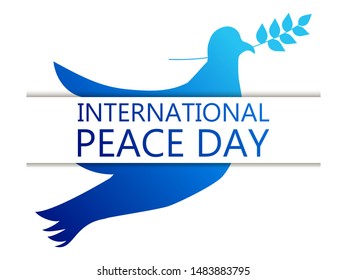 International Peace Day. Greeting card with dove and olive branch on a white background. Blue gradient. Vector illustration