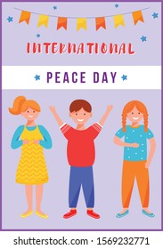 International peace day greeting card flat vector template. Smiling kids celebrate holiday. Boy and girls festive postcard design layout. Poster, banner, print with cartoon characters and lettering