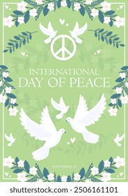 international peace day greeting card with doves and flowers