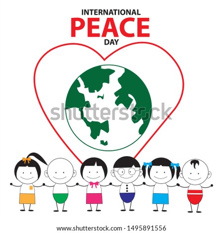 International Peace Day. Illustration with elements of kids, globe and heart. Design concept for poster and all printing materials. - Vector.