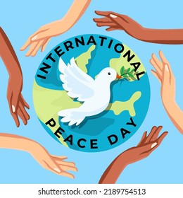 international peace day illustration with hands, dove and earth