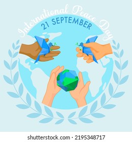 International peace day illustration. Pigeons and the earth in the form of origami are held in the hands of children of different race colors.