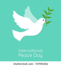 International peace day illustration. White flying dove with green olive branch on green background.