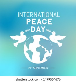 International Peace Day lettering with flying doves holding olive branches. Flat vector illustration. Easy to edit template for logo design, typography poster, greeting card, postcard, banner, flyer.