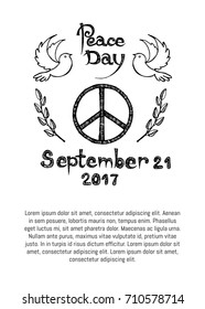 International peace day logo with hippie sign with two doves and olive branch symbols hand drawn vector illustration poster with text