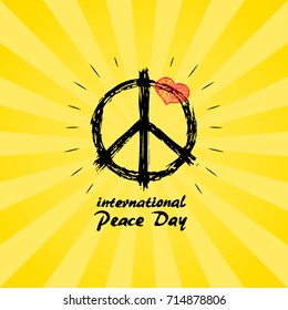 International peace day logo with hippie sign in black color and red heart on top of symbol hand drawn vector with text on yellow background with rays