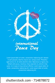 International peace day logo with hippie sign in white colors and red heart on top of symbol hand drawn vector illustration with text poster