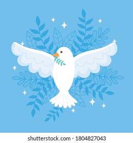 international peace day pigeon with branch leaves blue background vector illustration