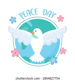 international peace day pigeon with branch in beak world flowers cartoon vector illustration