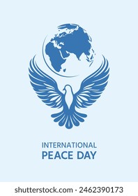 International Peace Day postcard. A blue dove with outstretched wings and an Earth globe above it, vector illustration