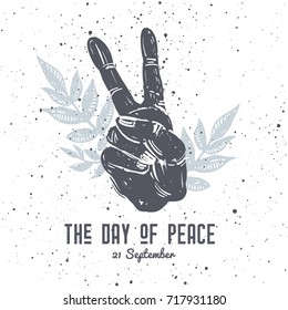 International Peace Day postcard, with hand gesture and floral composition on texture background. Tattoo, hippie, boho, linocut style print. 