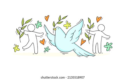 International peace day poster with dove, olive branch and happy people. Vector hand drawn illustration of flying pigeon, symbol of freedom, hope and friendship. Doodle sketch with bird and pacifists