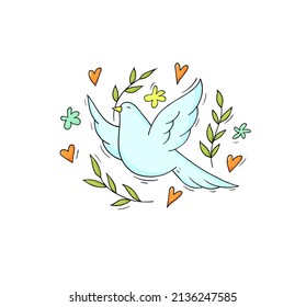 International peace day poster with dove, olive branch, hearts. Vector hand drawn illustration of flying pigeon, symbol of freedom, hope and friendship. Doodle sketch with bird and pacifists