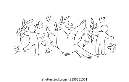 International peace day poster with dove, olive branch and happy people. Vector hand drawn illustration of flying pigeon, symbol of freedom, hope and friendship. Doodle sketch with bird and pacifists
