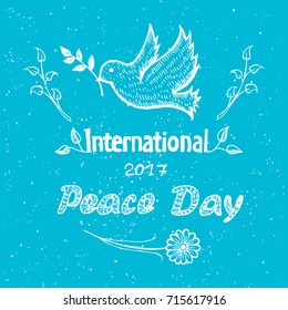 International peace day poster with dove flying with olive, surrounded by branches, with flower logo design sketch on blue background vector illustration