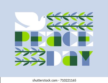 International peace day poster with elegant dove holding olive branch