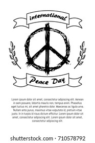 International peace day poster with hippie sign in black and white colors and olive branch symbols hand drawn vector illustration with text