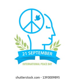 International peace day poster. Include Dove in sign of peace into mind of human and olive branch - peace day symbol. Vector Illustration