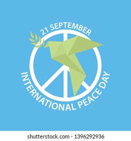 International peace day poster. Include Origami Dove on peace symbol. Vector Illustration