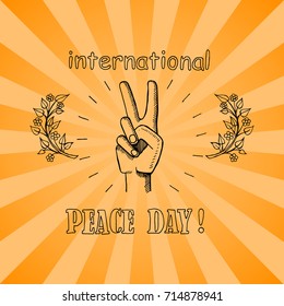 International peace day poster on 21 September 2017 vector. Hand nonverbal sign with two fingers meaning freedom with two branches on autumn landscape