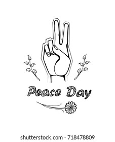 International peace day poster on 21 September 2017 vector. Hand nonverbal sign with two fingers meaning freedom with two branches and flower